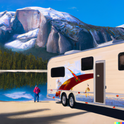 DALL·E 2023-02-13 19.10.49 - oil painting of an RV, 7.4m long itineo MC740 style, at the yosemite national park, in front of a crystal clear blue lake, with montains in the back h.png