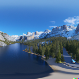 DALL·E 2023-02-13 19.32.32 - photo realistic panorama of the yosemite national park, with an RV 7.4m long itineo MC740 style, in front of a crystal clear blue lake, with montains .png