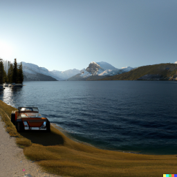 DALL·E 2023-02-13 19.32.38 - photo realistic panorama of the yosemite national park, with an RV 7.4m long itineo MC740 style, in front of a crystal clear blue lake, with montains .png