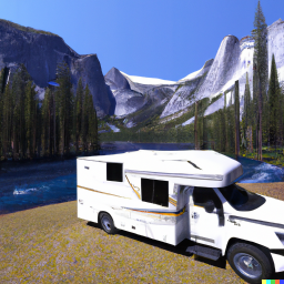 DALL·E 2023-02-13 19.32.45 - photo realistic panorama of the yosemite national park, with an RV 7.4m long itineo MC740 style, in front of a crystal clear blue lake, with montains .png